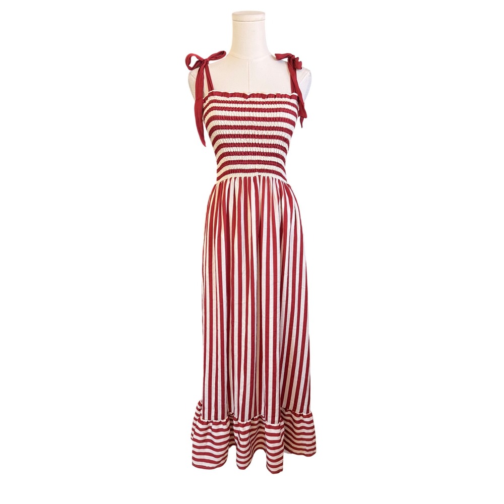 Summersalt Red White Striped Smocked Tie Shoulder Maxi Dress XS